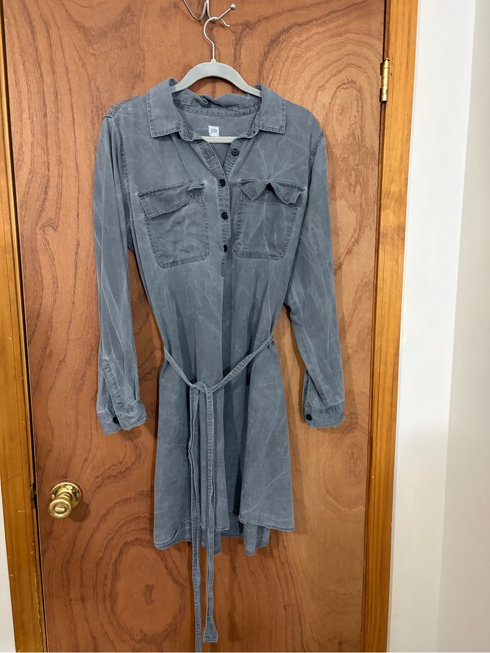 GAP Washed Gray Long Sleeve Shirt Dress with Waist Tie